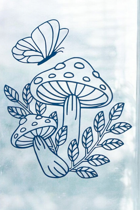 Decorative decal with mushroom and butterfly for any hard surface like window, mirror, water bottle, or car.